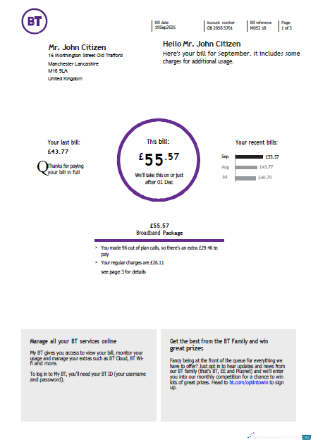 download download United Kingdom BT utility bill template in Word and PDF formats PDF template PDF template